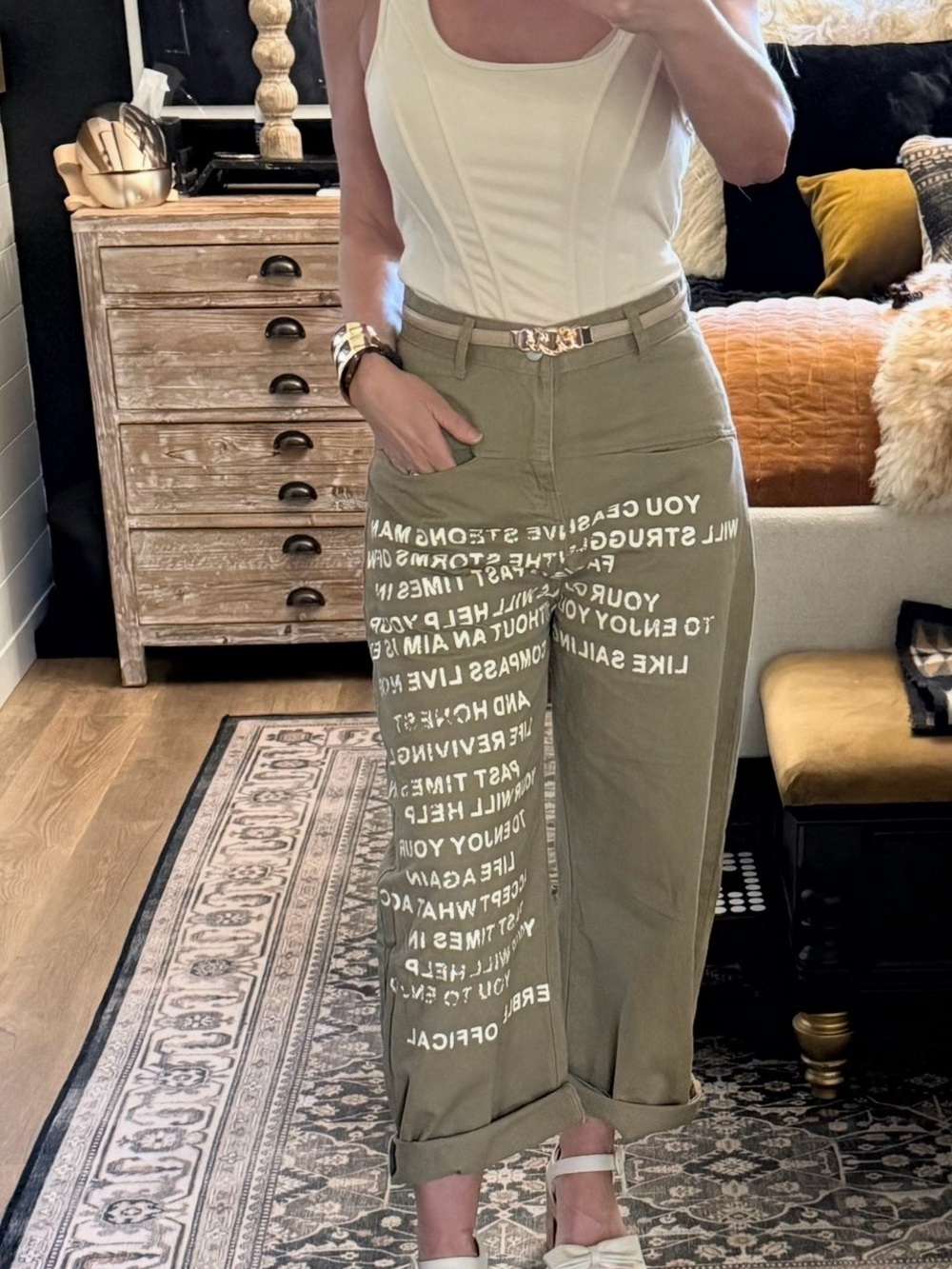 Olive tan khaki Wide-Leg Graphic Cargo Pants - Olive - Picture 6 of 9